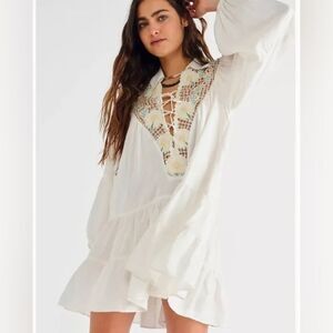 NWT Free People Chain Of Daisies Embroidered Ruffle Dress Tunic / Ivory Combo